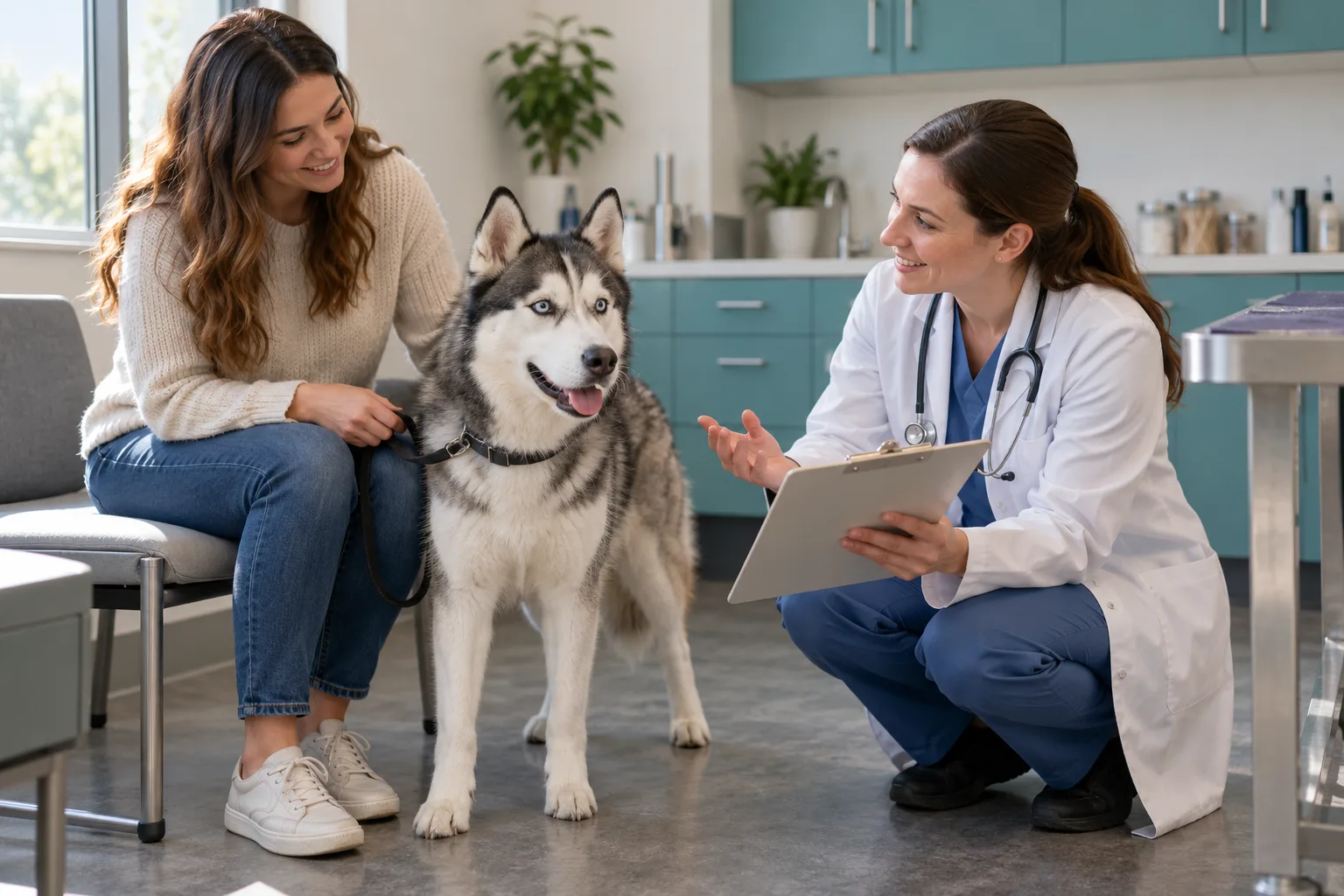 Owner and veterinarian sitting beside a husky-type dog in a clinic