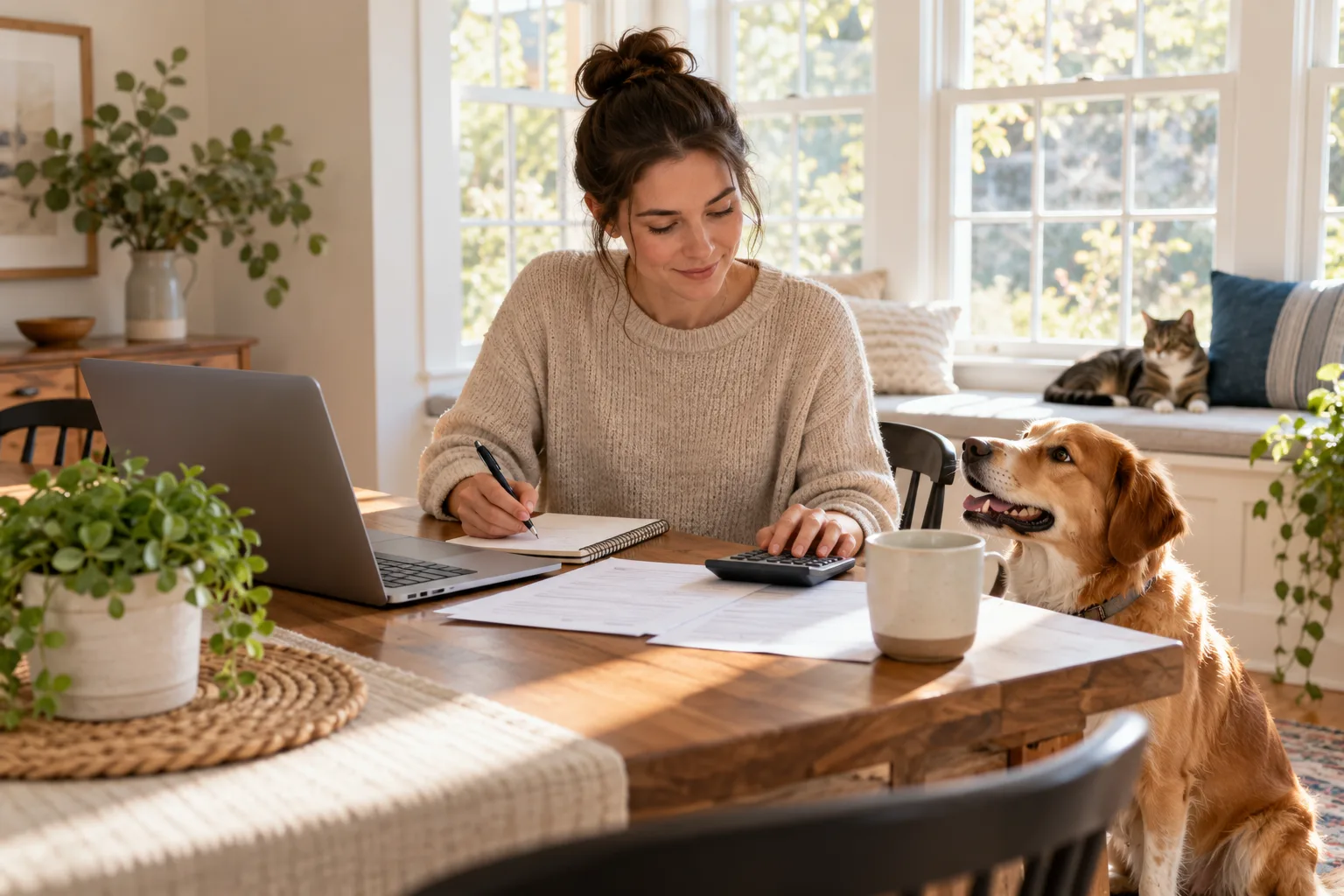 Owner looking through papers at a table with a dog and cat nearby